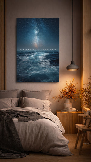 Bedroom with a large ocean-themed wall art piece above the bed.